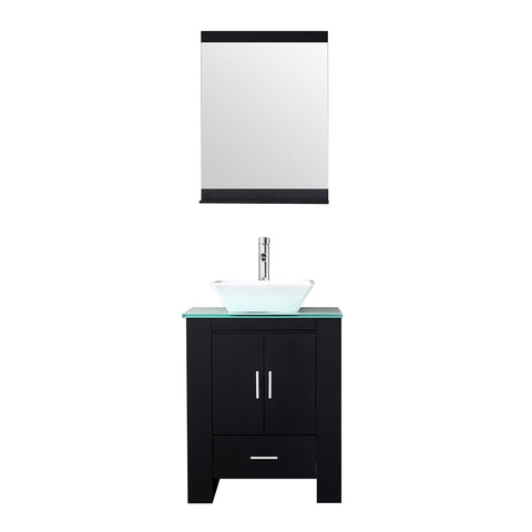 Top rated walcut 24 inch bathroom vanity and sink combo modern black mdf cabinet ceramic vessel sink with faucet and pop up drain mirror tempered glass counter top