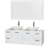 Save on wyndham collection amare 60 inch double bathroom vanity in glossy white white man made stone countertop arista white carrera marble sinks and 58 inch mirror