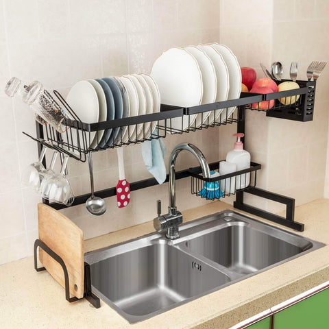 Top rated ipegtop over the sink stainless steel dish drying rack large dish drainers for kitchen double sink dishes utensils glasses draining shelf storage counter organizer cutlery holder black