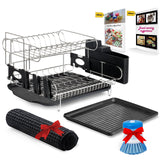 Top rated customizable two tier dish rack stainless steel professional drainer for counter or over the sink with drain board microfiber mat dispensing dish brush includes 2 free e books and mobile stand